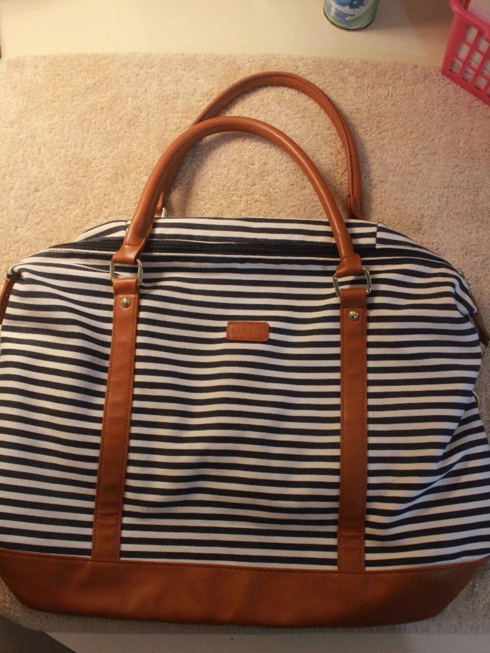 Title: BAOSHA Navy & White Striped Weekender with Brown Trim